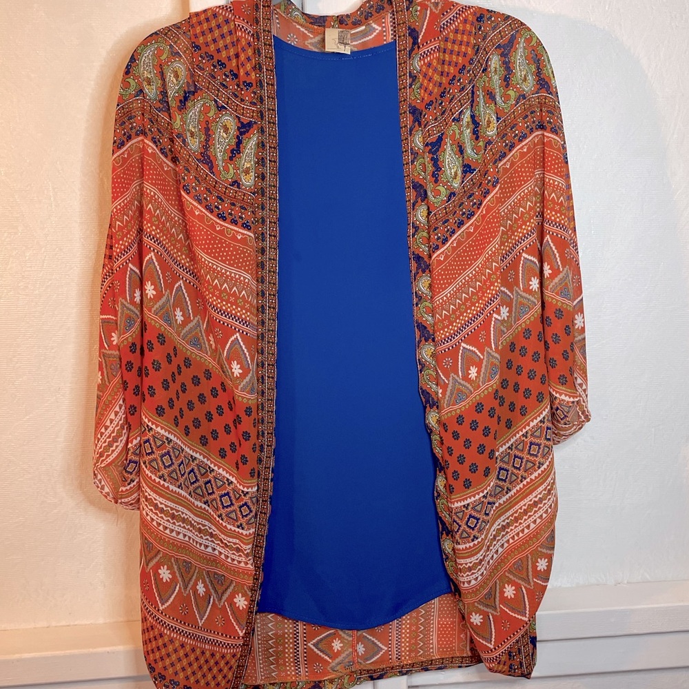 Francesca’s Boho Print Kimono + Tank Sz S